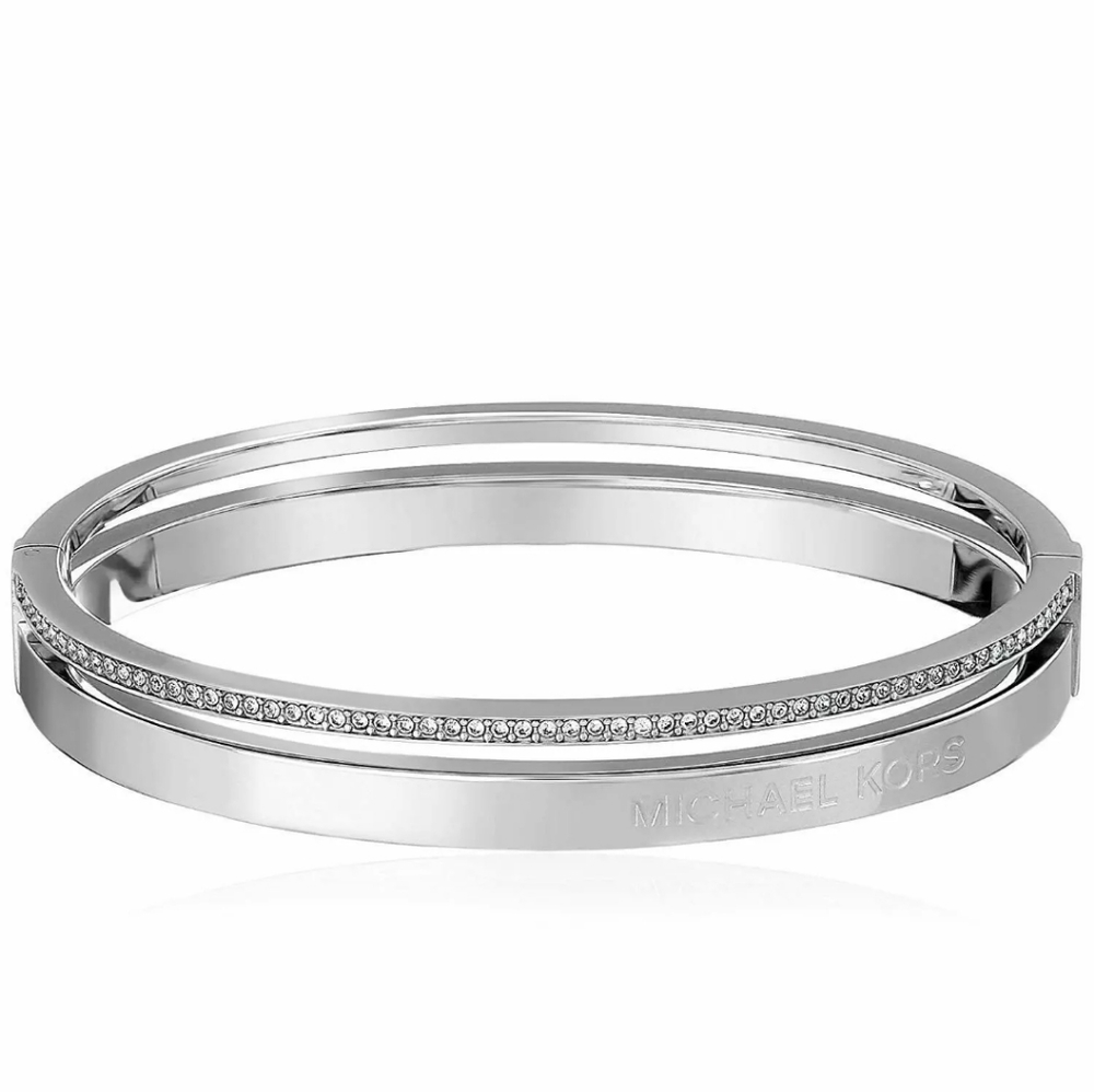 Michael Kors Bracelet Hinged Silver Tone Pave Crystals Double Split Bangle NWT